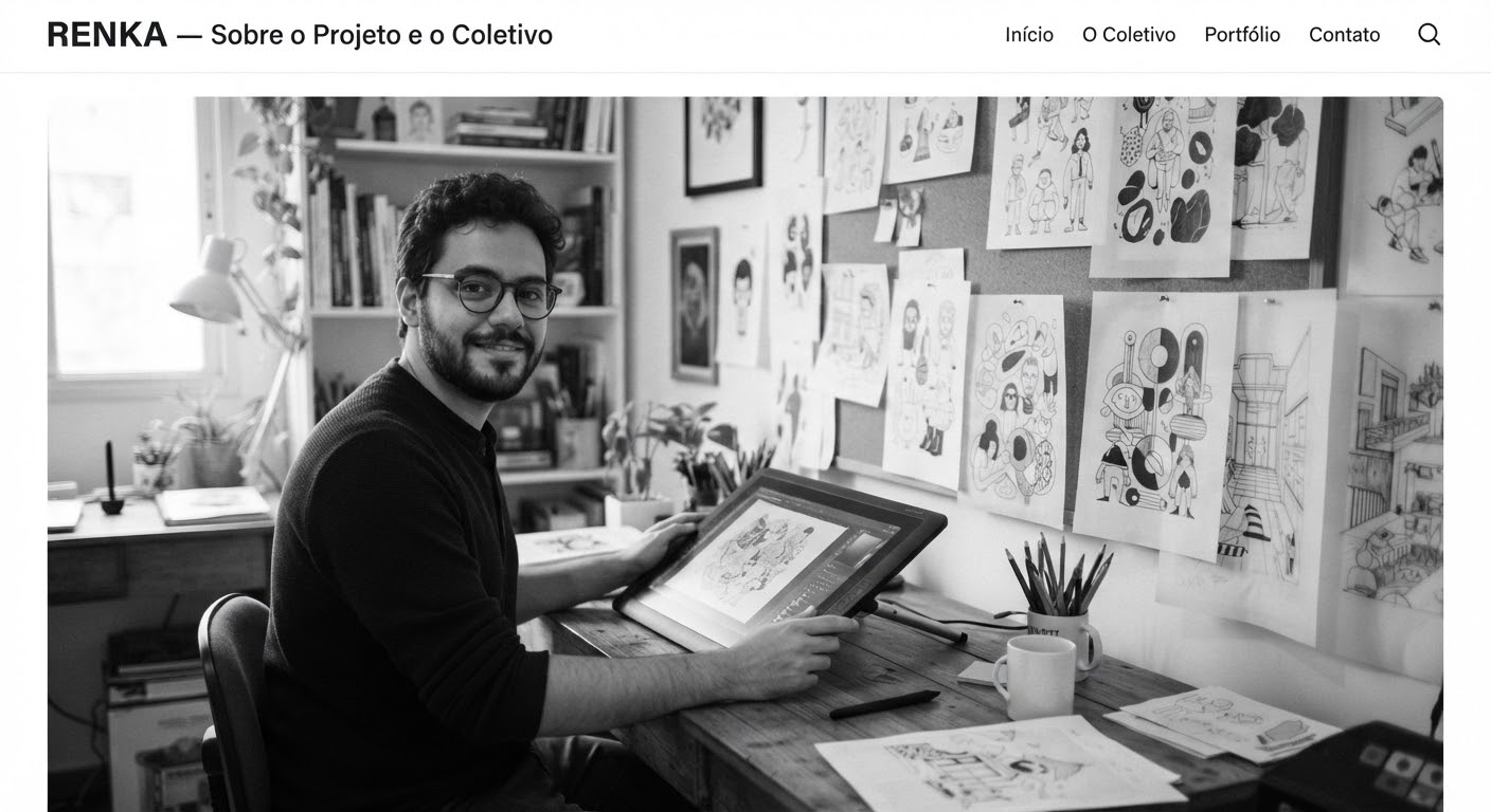 Monochrome portrait of illustrator Mateus Dutra with hands resting on a graphic drawing board, framed by intricate linework illustrations on tracing paper. Pure studio atmosphere with gentle soft lighting and clear focus.