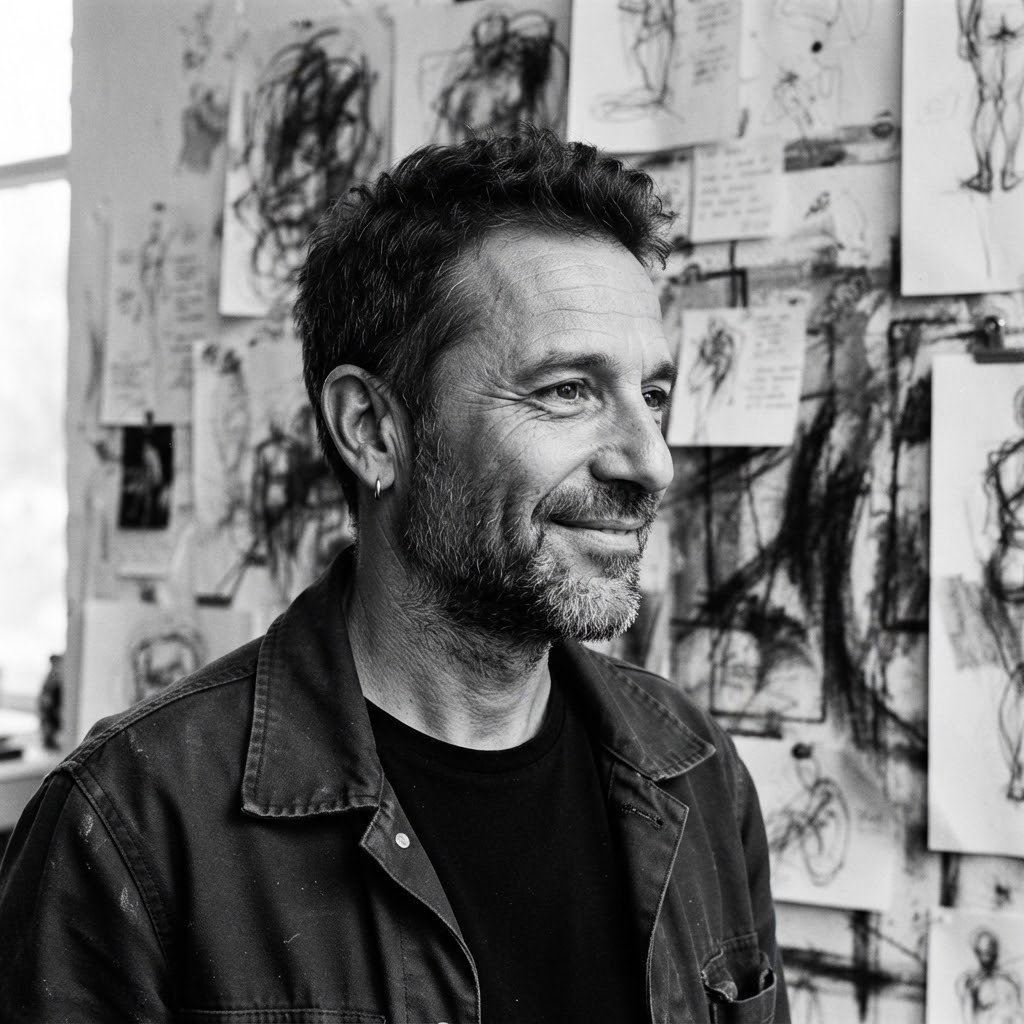 Close up monochrome square profile portrait of contemporary artist Danilo Itty smiling subtly against a textured studio wall filled with gestural sketches and raw charcoal drawings. Pure black and white, fine art exhibition publication style.