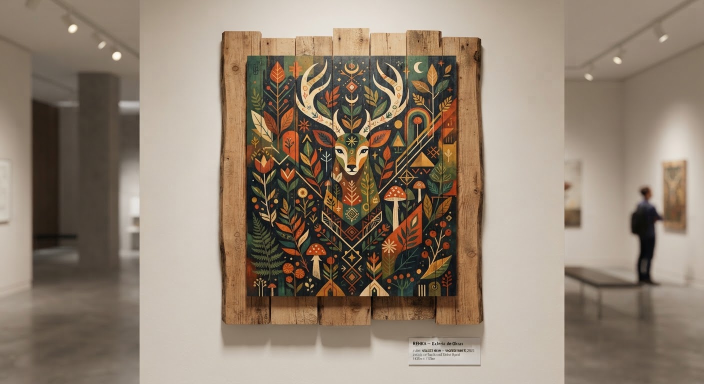 Pintura acrílica sobre tábuas de madeira com motivos de plantas e animais em verdes e laranjas; o veio da madeira aparece sob a tinta.