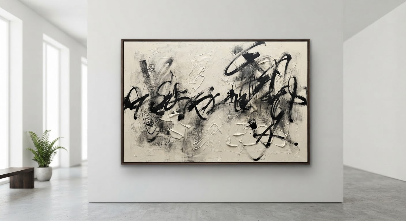 Pintura com gestos largos em preto, relevos de gesso e carvão sobre fundo marfim.